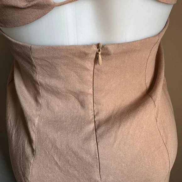 Zara Lattice Tie Back Linen Blend Midi Dress Beige/Tan Medium High Slit Cocktail - Picture 6 of 16